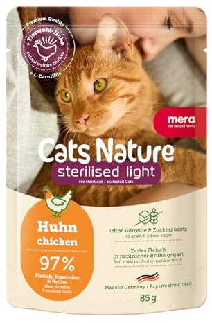 MERA Cats Nature steriliserad/lätt kyckling kattmat våt 12 x 85 g | för sterilisera/kastrerade katter | utan socker och spannmål | fettsnåla katter, våtfoder, hög kötthalt