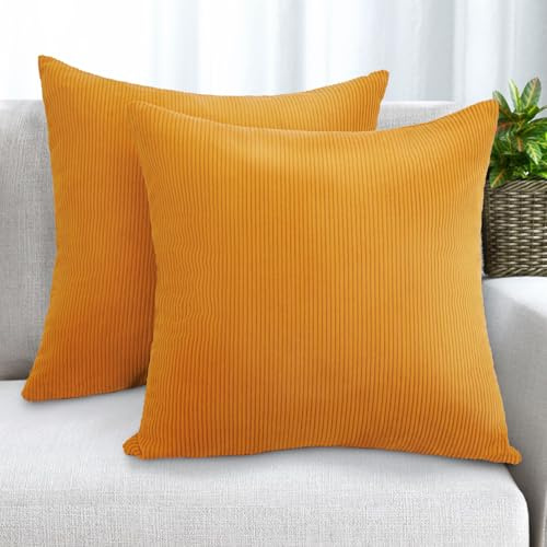 KENOBE Fundas para Almohadones, 2 Piezas 45x45 cm Funda de Cojines de Corduroy Súper Suave Cojin de Pana a Rayas para Cojin Sofa Cama Salon de Estar Dormitorio Sillas Jardin Habitación, Amarillo