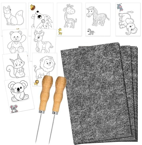XDGBGFN Pricking Needle Set for Children from 3 Years Complete Pricking Set Embroidery Pictures with 3 Prickle Felt, 2 Needles & 10 Embroidery Pictures for Creative Craft Projects Parents Must