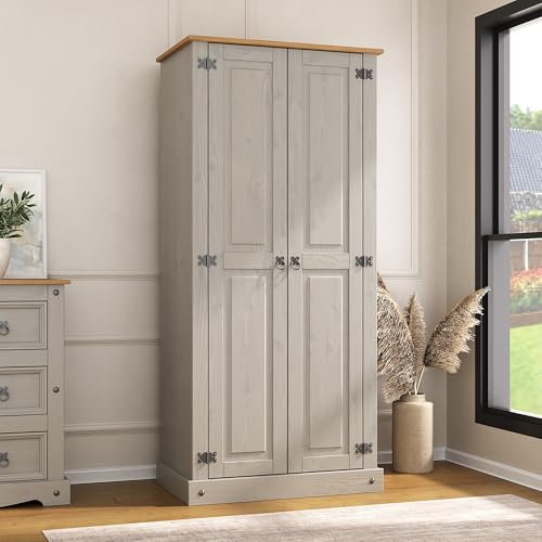 Corona Wardrobe 2 Door with Hanging Rail Shelf Mexican Solid Pine Wood (Grey)
