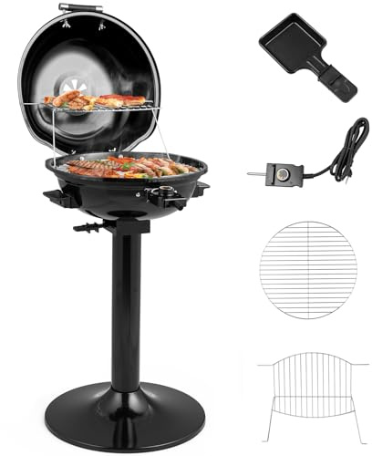 GYMAX Barbecue Électrique sur Pied, 2 Grils Inclus, Puissance 1600W, Température Réglable 93-218℃, Bac à Graisse Amovible, Support Robuste, Grill Intérieur et Extérieur
