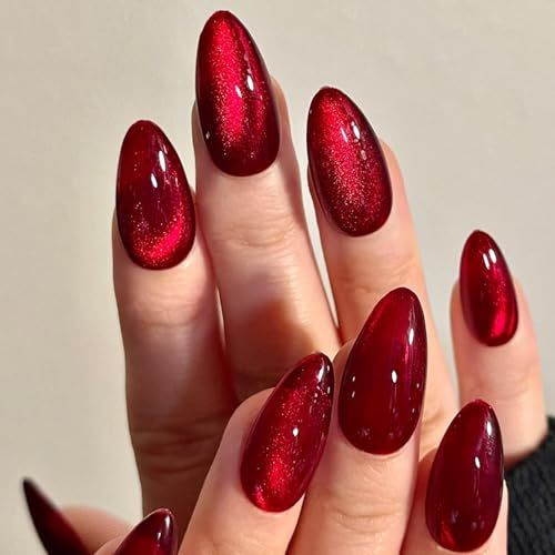 Clawrex Cat Eye Press on Nails Kurz, 24 Stück Rot Rund Nägel zum Aufkleben Katzenaugen, Full Cover Fingernägel Mit Nagelkleber, Glänz Soft Gel Fake Nails für Frauen, Künstliche Nagel Nail Art