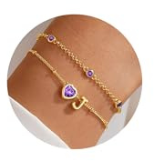 Turandoss 2 stycks armband med bokstäver damer guld - 14K förgyllda födelsestensarmband bokstavsarmband hjärta guld, födelsedagspresent för kvinnor flickor mamma väninnor smycken, Mässing