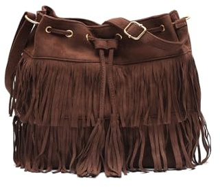 MISAKO Apache bolso bucket efecto ante con flecos Mujer - Apache Marrón 29x14x28cm