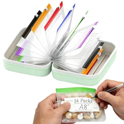 Juego De Bolsitas Impermeables Para Pastillas A8, Organizador De Medicamentos Con Cremallera Y 14 Bolsitas Codificadas Por Colores, Portapastillas Reutilizable, Diseño Des Carpetay