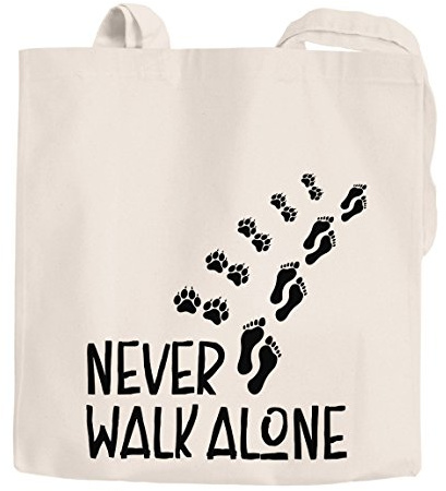 MoonWorks Jutebeutel Never walk alone Hund Pfoten Hundepfoten Pfotenabdrücke Hundebesitzer Baumwolltasche Stoffbeutel Tragetasche natur 2 lange Henkel