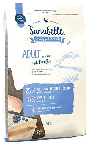 Sanabelle Trockenfutter für ausgewachsene Katzen, glutenfrei mit Forelle 10 kg, für Zimmerkatzen ab 1 Jahr, reich an Omega-3 und 6 und Inulin