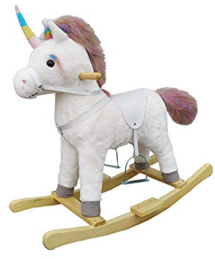 The Rocking Horse Co. - White Rocking Unicorn - Rainbow Horn, Mane & Tail - Plush Finish - Complete with Sounds - On solid wood rockers