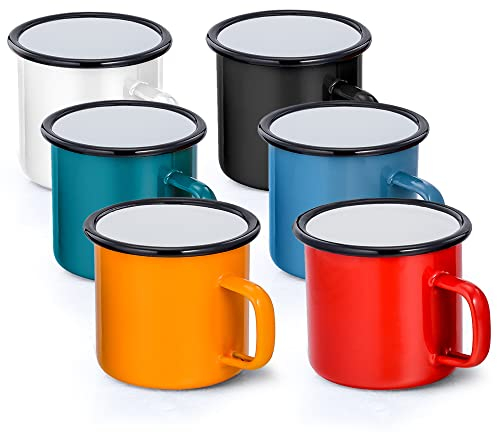 Joyfair Enamel Coffee Mug Set of 6, 12oz Enamel Camping Tea Mugs in Colour Red/Blue/Green/Yellow/Black/White, Lightweight Retro Cups for Travel Home Office Party, Vintage & Portable (350ml)
