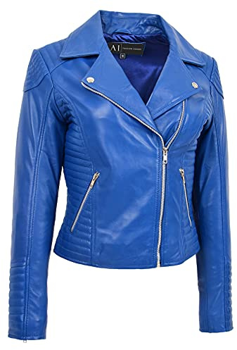 A1 FASHION GOODS Femmes Cuir Véritable Souple Vestes de Motard Aménagée Matelassé Couleurs Assorties Bella (40, Bleu)