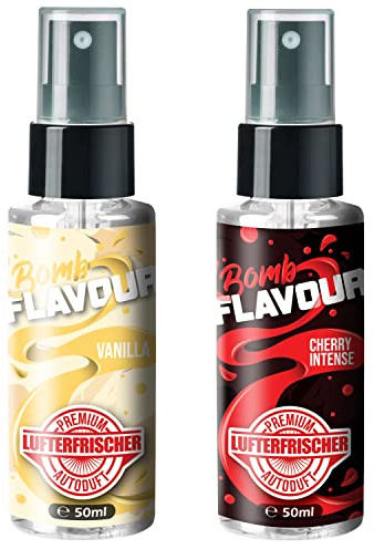 ShinyChiefs FLAVOUR BOMB Autoduft-Set - mit Vanille und Kirsch-Geruch | Lufterfrischer und Auto Parfüm für den Innenraum, neutralisiert Gerüche im Auto, hochergiebig, Pumpsprühflasche, 2x 50ml