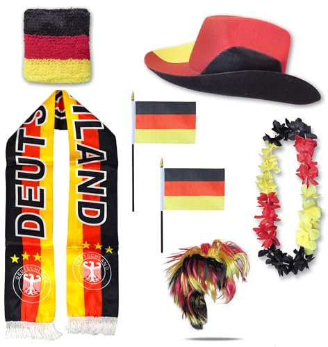 Sonia Originelli Fanset Fanartikel Fanhut Blumenkette Fanschal Schweißband Fähnchen Perücke WM EM Farbe: Deutschland Wuschel