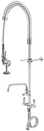 TAIMIKO Commercial Pre-Rinse Faucet Spray Arm Pull Out Flexible Hose Mixer Faucet Sink Stainless Steel Kitchen Wall-Mount Tap (Single Pedestal)