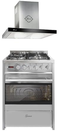 GURARI Gas-Standherd 60 cm Edelstahl Gasherd mit Elektrobackofen 60 L GCH E 610 X+GCH 462 IS 6 Prime Range Coocker mit Dunstabzugshaube 60 cm, in Edelstahl, 1000m³/h