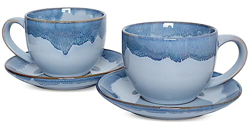 Bosmarlin Ceramic Cappuccino Cup and Saucer Set of 2, 10 Oz, Coffee Cups for Latte, Espresso, Tea, Dishwasher and Microwave Safe, Reavtive Glaze (Blue)