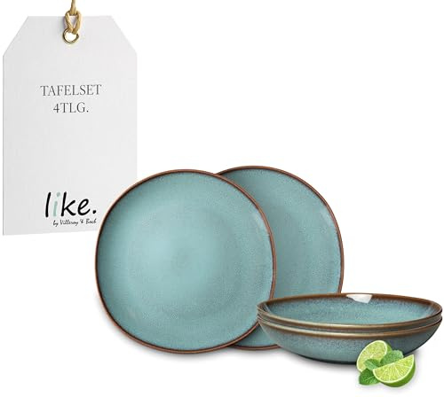 like. by Villeroy & Boch Lave, Set De Vajilla De Loza, 4 Piezas, Aspecto Alfarero, Servicio De Mesa Para 2 Personas, Turquesa