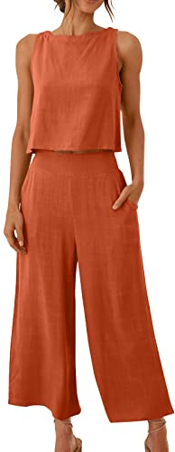 AMhomely 2-teiliges Outfit für Damen, ärmellos, Hosen-Set, Baumwoll-Leinen-Set, mit weitem Bein, Marschierhemdchen, Top mit Knopfleiste hinten, elegante Damenhose, Anzug mit Tasche, 02 rot, 42