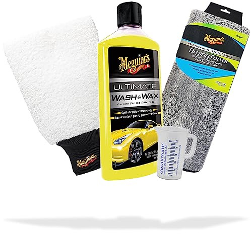 Auto Reiniger und Lackpflege Set | Meguiar's Ultimate Wash & Wax - Super Thick Microfiber Wash Mitt - Duo Twist Car Drying Towel - Messbecher | optimale Reinigung und Glanz - Autoshampoo mit Wachs