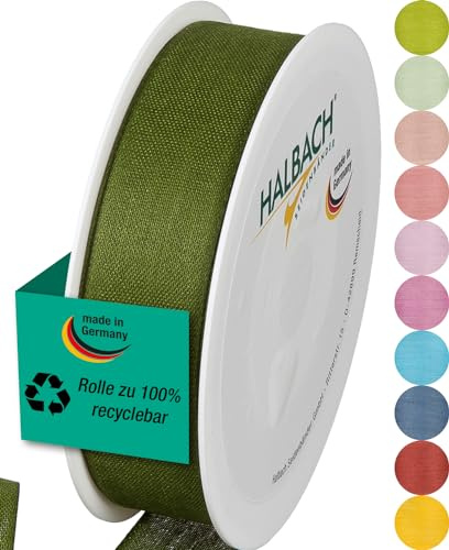 Halbach mattes Taftband, 25 mm x 25 m, moosgrün | Geschenkband in Baumwolloptik, Made in Germany, Ökt-Tex 100 zertifiziert und waschbar bei 30 Grad