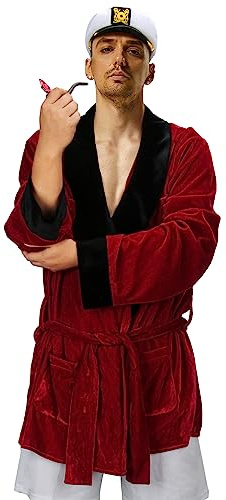 NUWIND Hommes Rouge Robe de Chambre en Velours Veste Peignoir De Bain Smoking Jacket Chapeau de Capitaine et Pipe Jouet Ceinture Accessoires pour Costumes Halloween pour Adultes