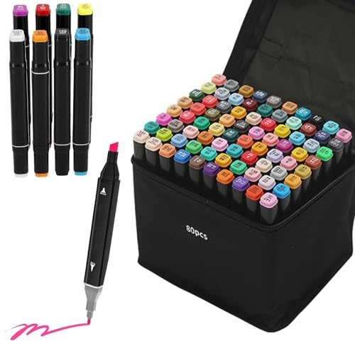 LEMIL Marqueurs Feutre a Alcool 80 Couleurs Double Pointe, Séchage sûr et Rapide Feutres Coloriage, Marqueurs Permanents, Marqueurs de Dessin avec Sac en Tissu Portable et Base