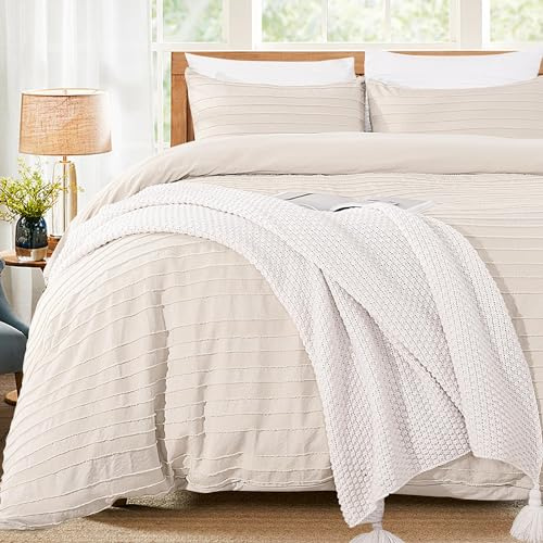 NEXHOME PRO Duvet Cover King,Beige 3 Pieces Boho Tufted Duvet Cover Set, Soft and Lightweight 100% Washed Microfiber Comforter Cover Set for All Season(Beige King, 104 x 90)-No Comforter
