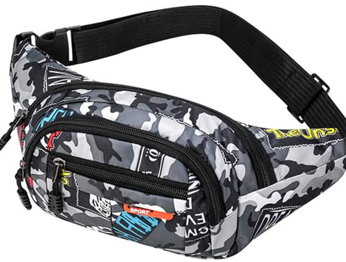 Gürteltasche,Camo Wasserdicht Bauchtasche Camouflage Hüfttasche Nylon Geldgürtel für Männer Kinder Jungen Laufen Wandern Reisen Sport 13,65 * 4,68 Zoll Grey
