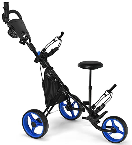 COSTWAY Chariot de Golf à 3 Roues Pliable, avec Porte-gobelet, Frein à Pied, Tableau de Score, Sac de Rangement, Poignée Réglable sur 4 Positions, Porte-Parapluie et Siège Réglables(Bleu + Noir)