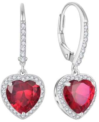 FJ Herz Hängend Ohrringe Damen 925 Sterling Silber Halo Ohrringe Rubin Juli Geburtsstein Schmuck Geschenke für Frauen Mutter Freundin Mama