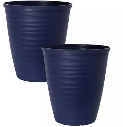 Fyne-Finds Set of 2 Dark Blue Plastic Dune Rim Plant Pot 27cm, 11inch Tall 14L Garden Outdoor Patio Decor Planter with Drainage Holes