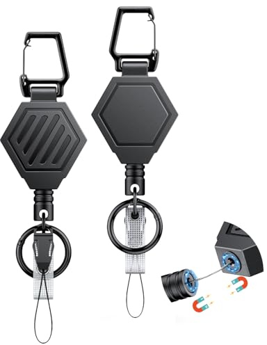 Uniclife Heavy Duty infällbar nyckelring med magnetstängning, infällbar badge-rulle för upp till 0,45 kg magnetiskt ID-hållare med 79 cm Dyneema-snöre, stark ABS-hölje, karbinhake,2 Pack