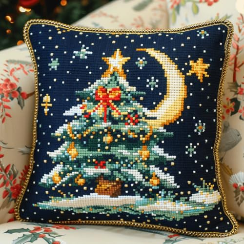 RKFLGEW DIY knüpfen set anfänger Weihnachtsbaum knüpfkissen mit vordruck Sternenhimmel-Landschaft Knüpfset für Kissen，DIY，handgefertigtes Kissen，Häkelgarn，Stickerei，Knüpfset für Kissenbezüge 43x43cm
