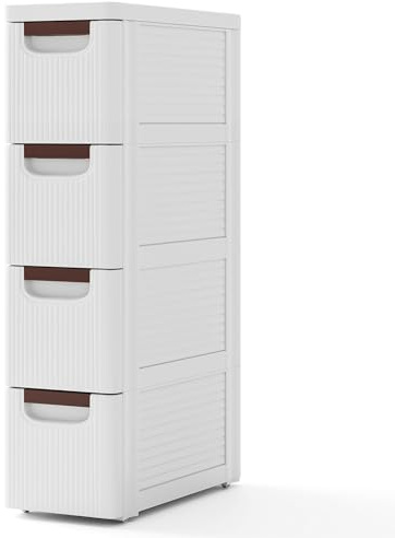 COSTWAY Comoda Dormitorio con Cajones, Gabinete de Almacenamiento Estrecho con Ruedas Incorporadas y Prácticas Asas de Tracción, Armario de Baño Pequeño para Dormitorio y salón (4 cajones)