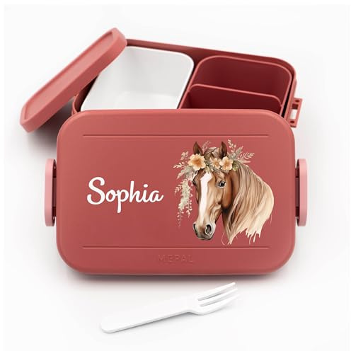 Bento Box Kinder für Mepal mit Namen - Vivid Mauve - Pferde | 900 ml, Schule, Kindergarten, Einschulung, für Mädchen, spülmaschinenfest, mit Fächern, Brotdose Kinder, Lunchbox Kinder