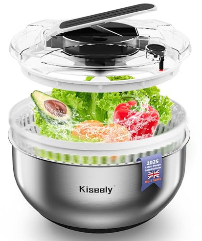 Stainless Steel Salad Spinner, Easy Press Large Vegetable Dryer Washer, 4.2Qt Fruit Washer with 304 Stainless Steel Bowl for Lettuce, Vegetable, Herbs, Berries (JA1)