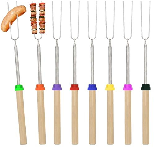 Janety 8 Stück Teleskop Grillspieße, Edelstahl Marshmallow BBQ, Lagerfeuer Spieße, Grillgabel, Hot Dog Gabeln, versenkbare Spieße mit isolierten Griffen für Camping BBQ, Grillen im Freien