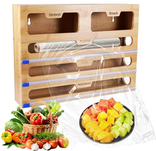 DEECOZY Film Dispenser and Cutter, 5-in-1 Kitchen Roll Cling Film and Foil Organiser, Foil Dispenser Organizer with Paper Holder, Storage Cling Film Cutter, for Kitchen Drawer Foil Holder