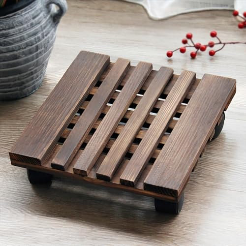 Zdlopteron Pflanzenroller aus Holz mit Rädern,150 kg Tragkraft,20/25/30/35/40/50 cm Kübelroller,Blumentopf Untersetzer Transporthilfe für Pflanzen(Brown,40x40cm)