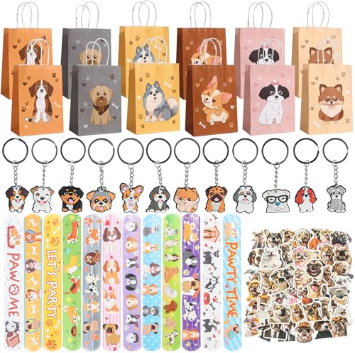 Phlognfy Regalos Fiestas Perros, Regalos Cumpleaños Infantiles Perros, con 12 Bolsas Regalo, 12 Pulseras con Aplausos, 12 Llaveros, 50 Pegatinas, para Regalar en Fiestas Temáticas de Niños y Niñas