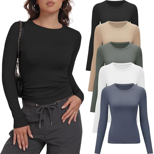 miijoory 5 Pack Womens Long Sleeve T Shirts Crew Neck Basic Skim Fitted XL
