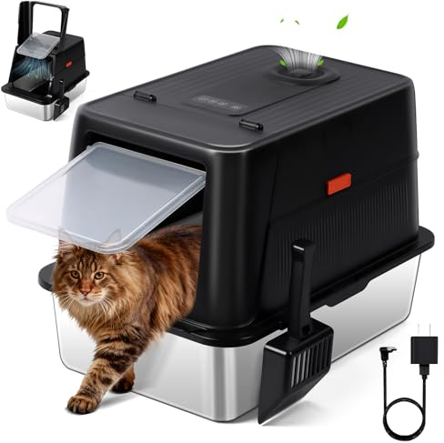 Bartuke metallisk kattlåda i rostfritt stål Smart Odor Control, XXL med nedfällbart lock som vrider 135° med lock och skovla, höga kanter, non-stick, läckageskyddad, lätt att rengöra (Svart)