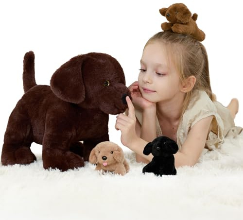 MorisMos 4 stücke Labrador Retriever Plüschtier Set, 40cm riesen Hund Kuscheltier Stofftier XXL Realistisch mit 3 Babys welpen im Bauch, Plüschhund Weihnachten Geschenk für Kinder Baby