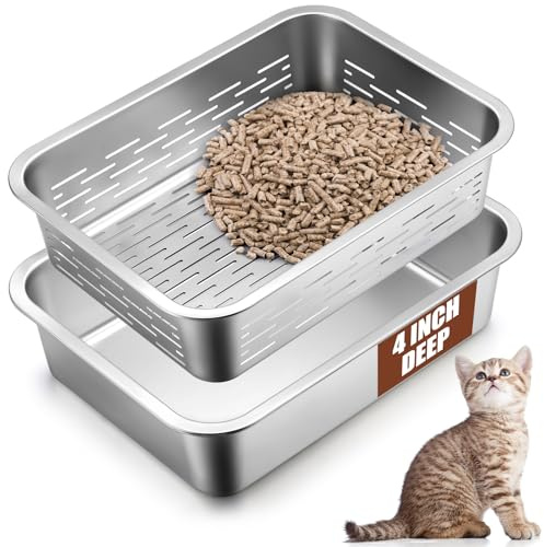 Soulchen 15.7 x 11.8 x 4 Stainless Steel Sifting Litter Box for Kitten Small Litter Pan System for Pine Pellets for Bunny Guinea Pig Hamster, Less Tracking, Odor Control, Low Dust, Easy Cleaning