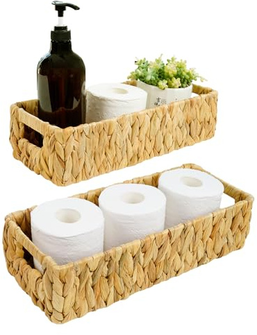 Small Water Hyacinth Basket for Toilet Paper, Wicker Baskets for Organizer with Built-in Handles, Wicker Storage Basket for Bathroom Decor, 2-Pack