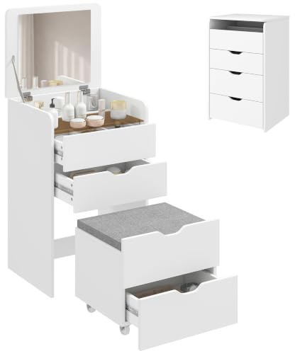 HOMCOM Postazione Trucco 3 in 1 Specchio a Ribalta, Sgabello, Bianco | Toeletta Trucco, Sgabello a Scomparsa Imbottito a Ruote, 3 Cassetti, Piano in Vetro Visibile, Vano, Salvaspazio