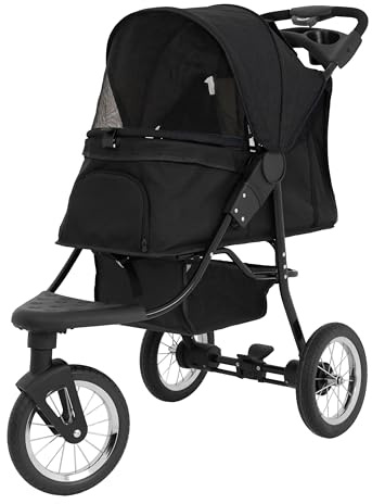 3-hjulig Husdjursvagn Jogger | Punkteringsfria 30 cm Hjul | Hopfällbar | Justerbar Sufflett & Regnskydd | Vadderad Insida | För Hund & Katt Upp till 22 kg