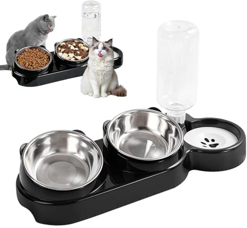 3-in-1 Katzen Napfset, Katze Futternapf und Wassernapf Set mit Wasserspender Edelstahl Katzennapf Erhöht 15°Geneigte Katzennäpfe Abnehmbarer Futterstation für Katzen und Kleine Hunde