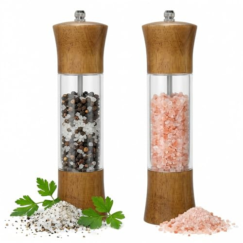 2 Pack Wooden Salt & Pepper Grinder Set 8 Inch Adjustable | Acacia wood salt & pepper mills with acrylic body. Adjustable ceramic grinder for kitchen seasoning & spices.