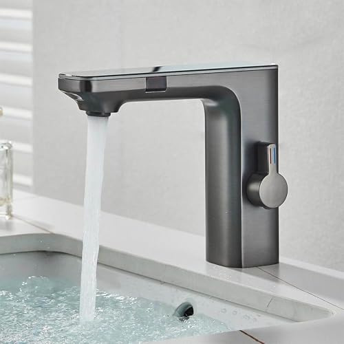 Robinet Infrarouge Electronique Eau Froide et Chaude Mitigeur Automatique Laiton Robinet Automatique de Lavabo pour Salle de Bain Laiton Gris Acier