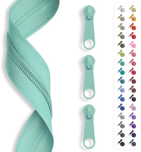 5 m zip endless, spiral 3 mm + 15 sliders/zip, 32 colours, sold by the metre. light turquoise